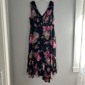 Connected‎ Apparel Dark Floral V-Neck Sleeveless Midi Dress 20W Asymmetrical Hem
